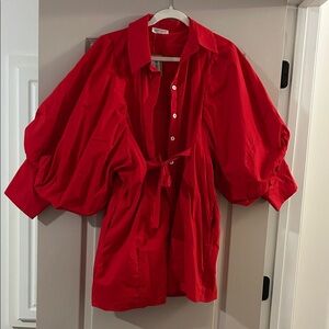 Red Puff-Sleeve Button-Front Women's dress